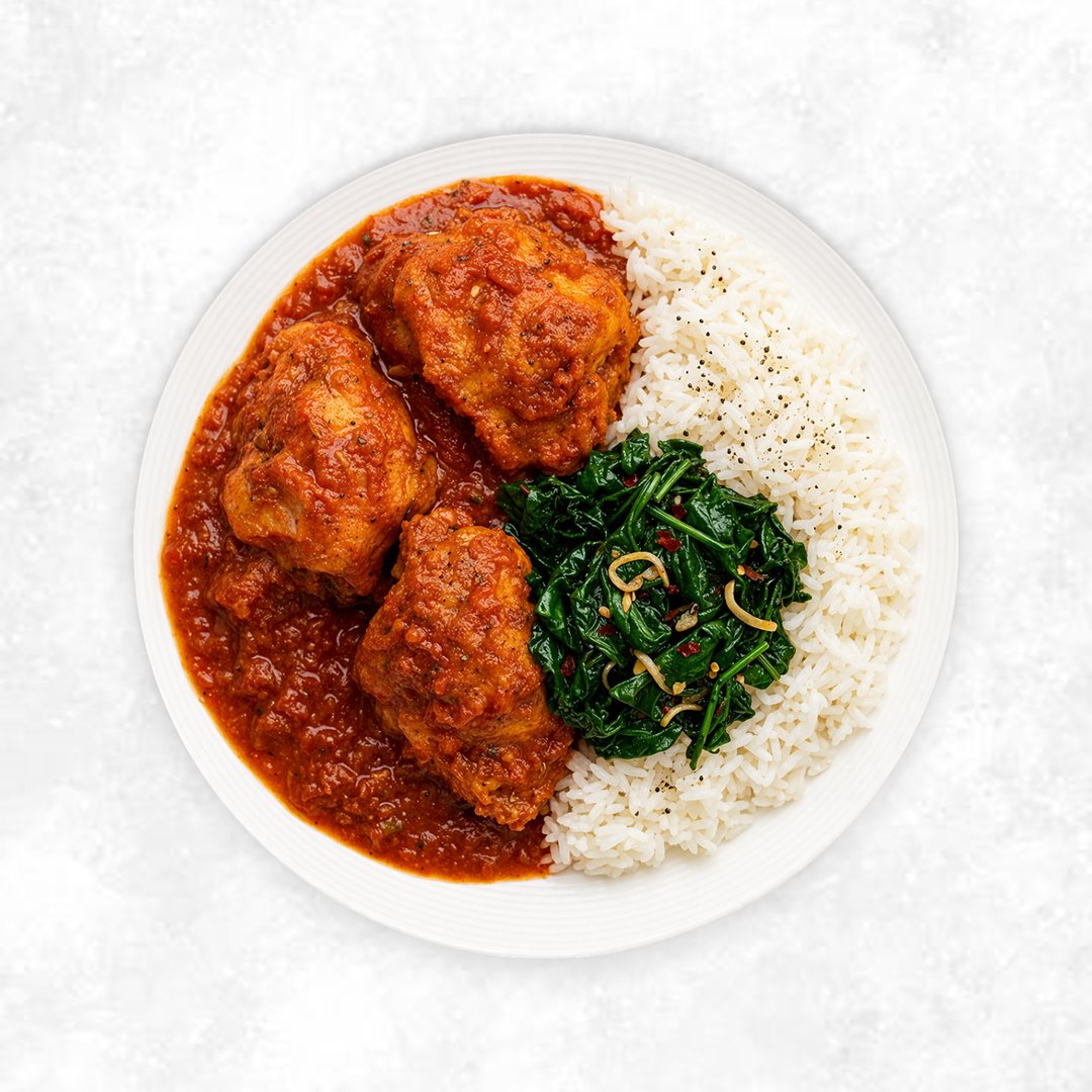 Tomato Pepper Chicken Stew with Rice and Sautéed Vegetables