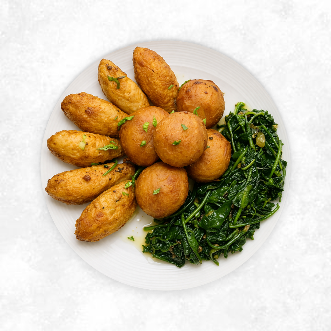 Chicken Wings with Puff Puff and Sautéed Greens