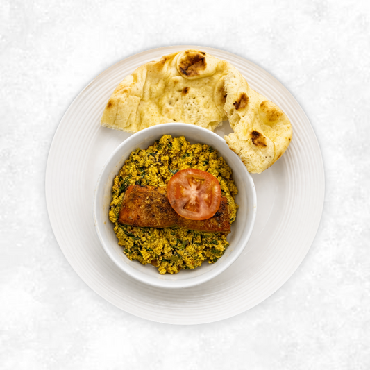 Egusi with Seared Salmon and Flatbread