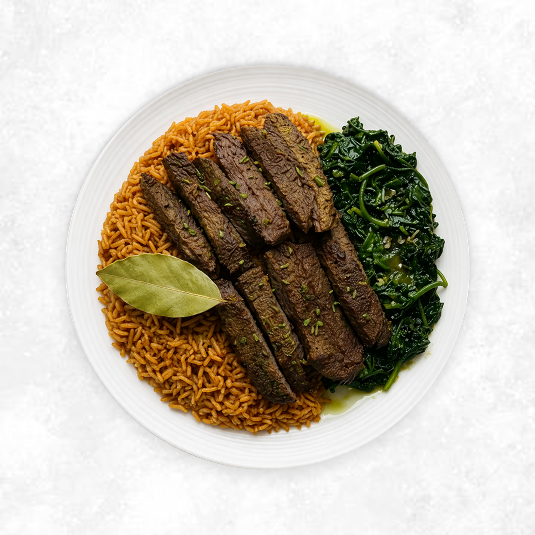 Jollof Rice with Sautéed Vegetables and Beef