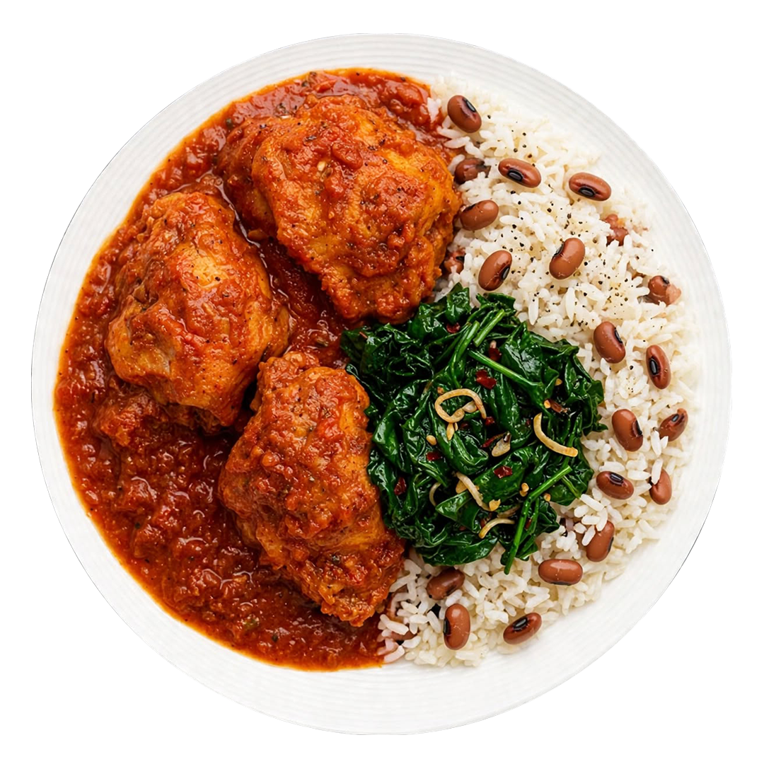 Rice and Beans with Tomato Pepper Chicken Stew & Sautéed Vegetables