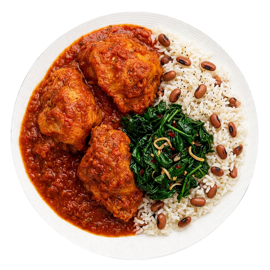 Rice and Beans with Tomato Pepper Chicken Stew & Sautéed Vegetables