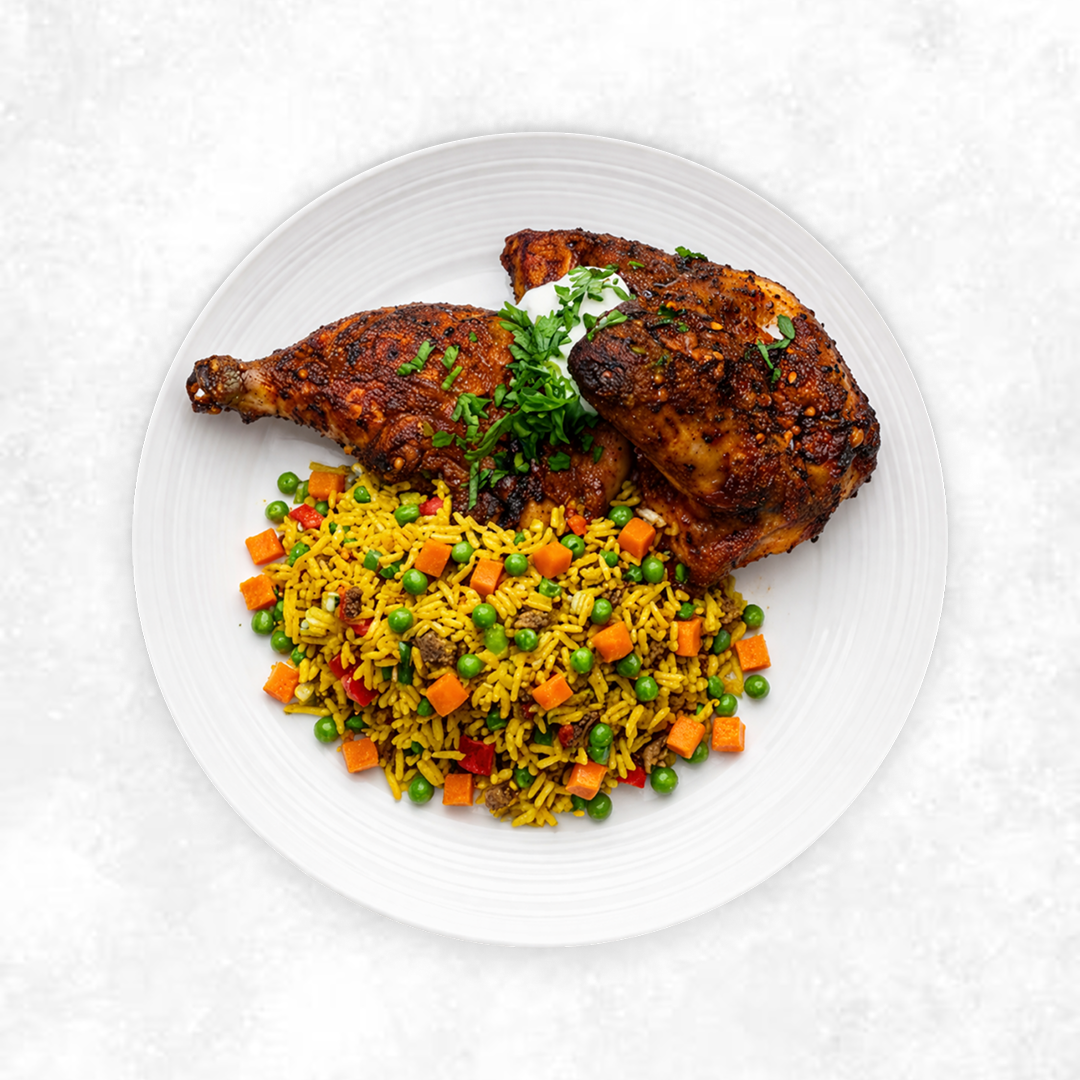Spicy Suya Chicken Leg with Nigerian Fried Rice and Peas/Carrots