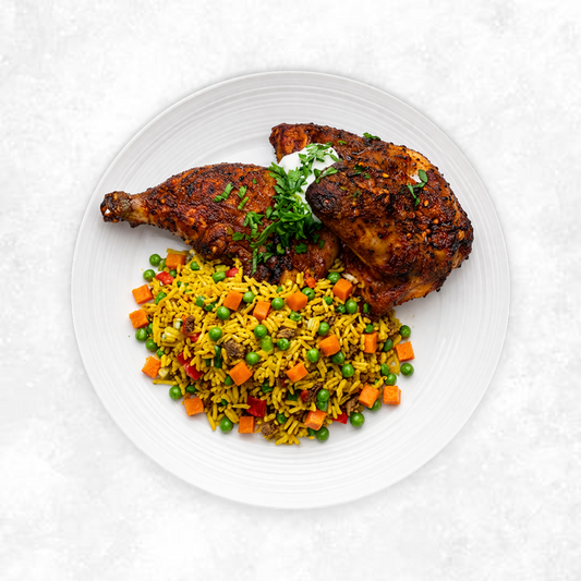 Spicy Suya Chicken Leg with Nigerian Fried Rice and Peas/Carrots